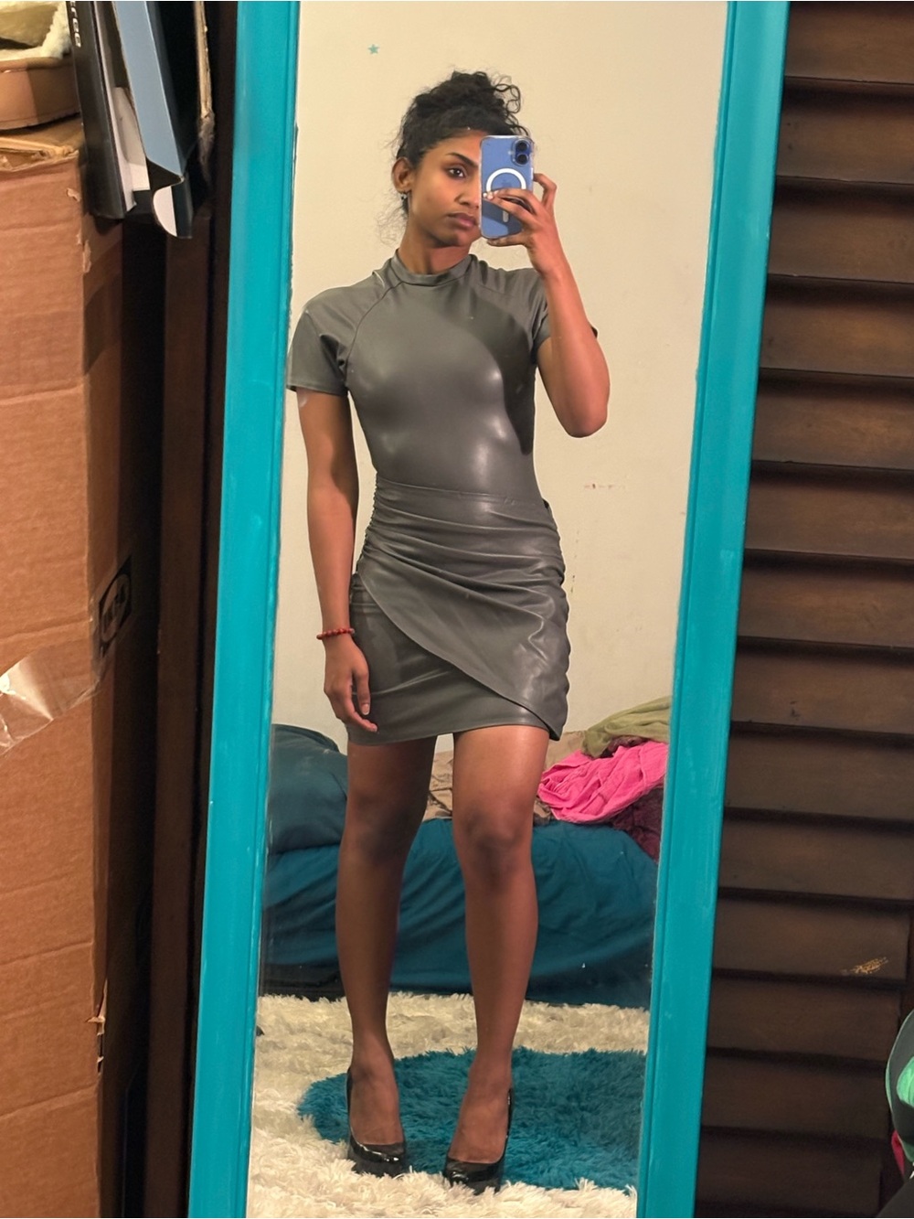 Maniere De Voir Gray Faux Leather Short Sleeve Ruched Wrap Mini Dress